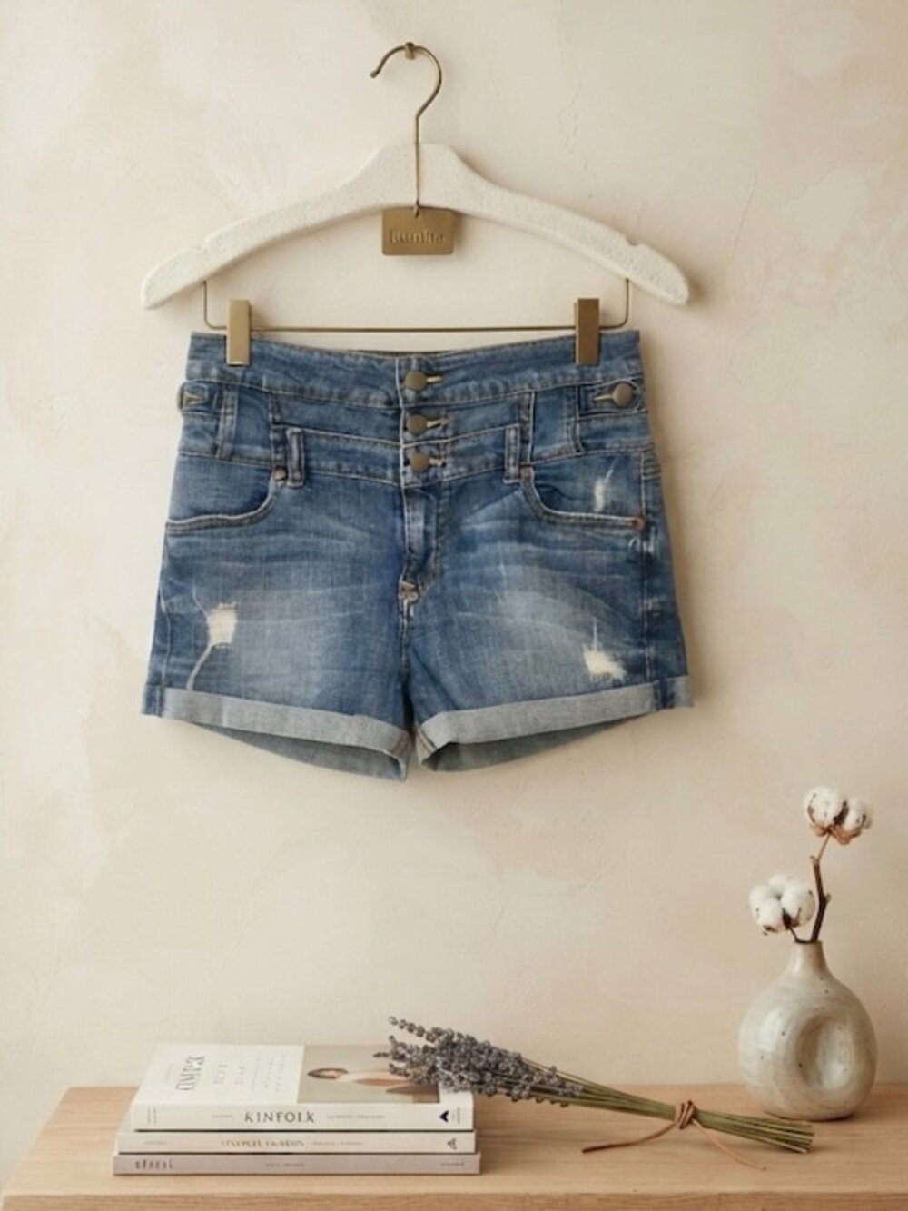 Eunina Jeans USA Button Front High Waisted Distressed Shorts Blue Size M